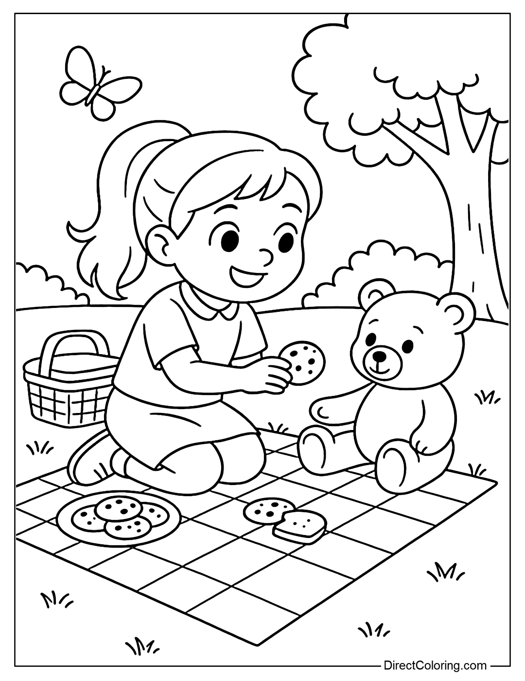 Coloring page of a girl sharing cookies with a teddy bear next to a picnic mat.
